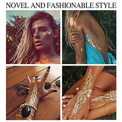 9 Sheets 110+ Metallic Temporary Tattoos for Women & Girls – Gold Silver Glitter Flash Waterproof Tattoo Stickers for Beach, Festivals & Parties - görsel 7