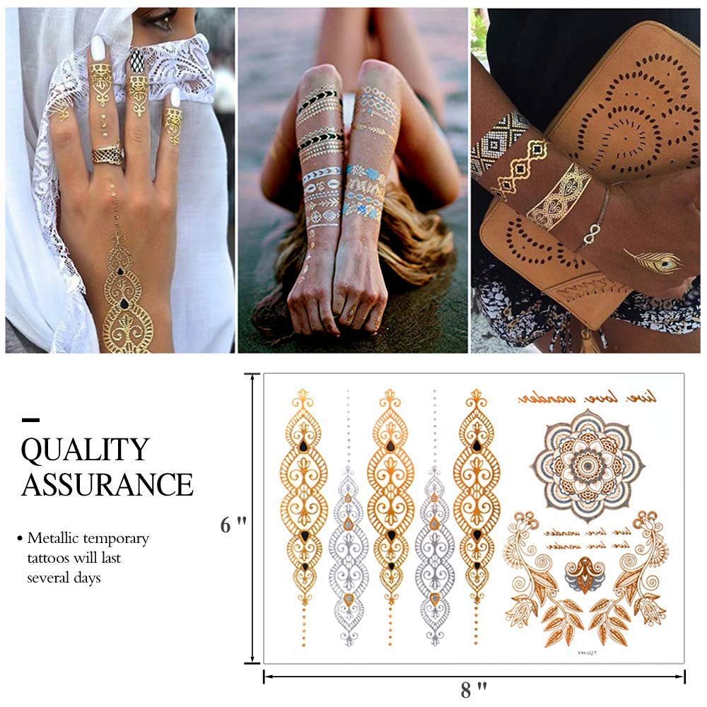 9 Sheets 110+ Metallic Temporary Tattoos for Women & Girls – Gold Silver Glitter Flash Waterproof Tattoo Stickers for Beach, Festivals & Parties - görsel 4