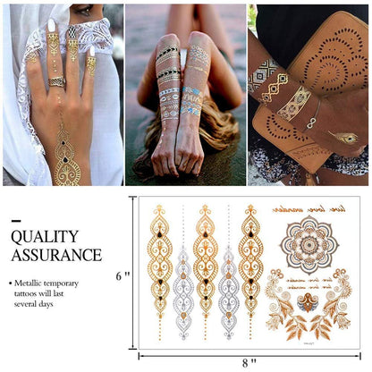 9 Sheets 110+ Metallic Temporary Tattoos for Women & Girls – Gold Silver Glitter Flash Waterproof Tattoo Stickers for Beach, Festivals & Parties