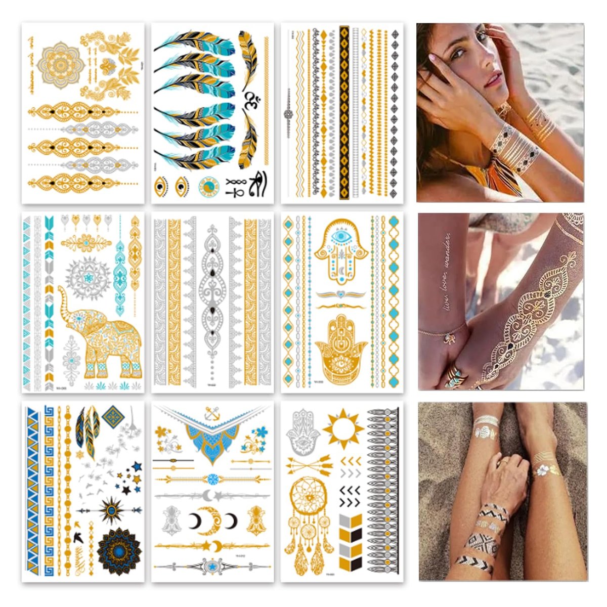9 Sheets 110+ Metallic Temporary Tattoos for Women & Girls – Gold Silver Glitter Flash Waterproof Tattoo Stickers for Beach, Festivals & Parties - görsel 2