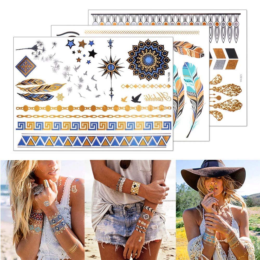 9 Sheets 110+ Metallic Temporary Tattoos for Women & Girls – Gold Silver Glitter Flash Waterproof Tattoo Stickers for Beach, Festivals & Parties - görsel 6