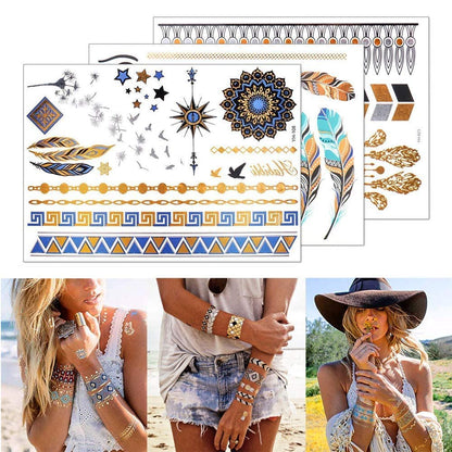 9 Sheets 110+ Metallic Temporary Tattoos for Women & Girls – Gold Silver Glitter Flash Waterproof Tattoo Stickers for Beach, Festivals & Parties