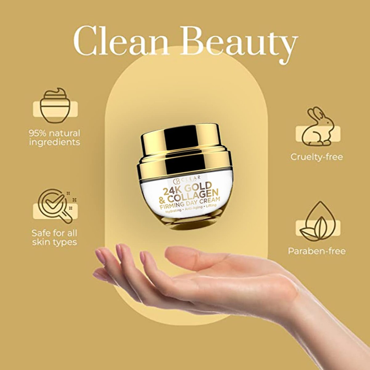 Clear Beauty 24K Gold & Collagen Day Cream Face Moisturizer – Anti Aging Korean Skin Care, Vegan, Dermatologist Tested, 1.69 Fl Oz - görsel 9