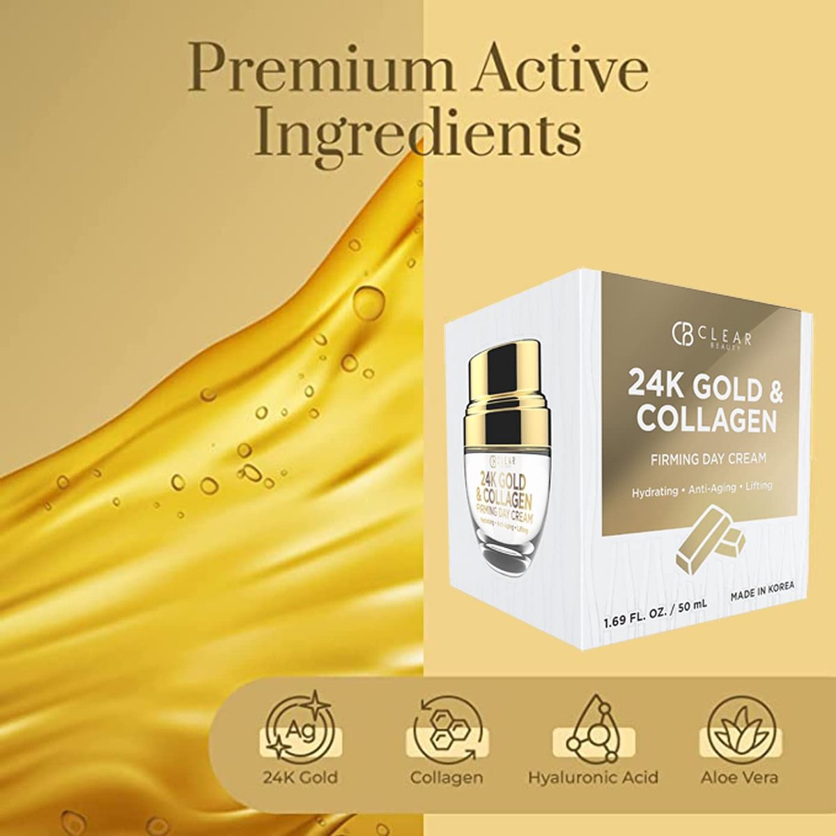 Clear Beauty 24K Gold & Collagen Day Cream Face Moisturizer – Anti Aging Korean Skin Care, Vegan, Dermatologist Tested, 1.69 Fl Oz - görsel 5