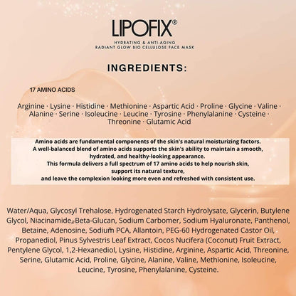 LIPOFIX Bio-Cellulose Anti-Aging Face Mask – Hydrating & Lifting Sheet Mask with 17 Amino Acids, Collagen Boosting, Wrinkle Reducing Spa Treatment for All Skin Types – 5 Pack Avelisse