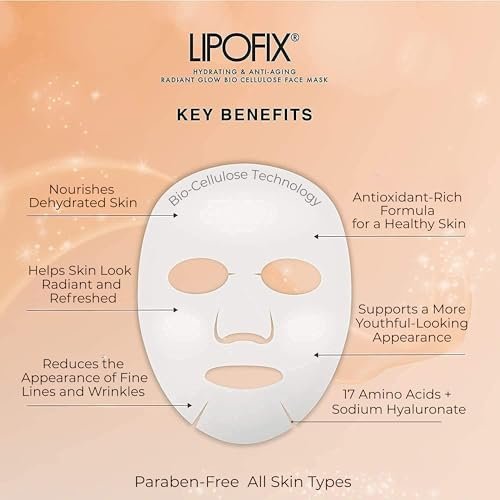 LIPOFIX Bio-Cellulose Anti-Aging Face Mask – Hydrating & Lifting Sheet Mask with 17 Amino Acids, Collagen Boosting, Wrinkle Reducing Spa Treatment for All Skin Types – 5 Pack Avelisse