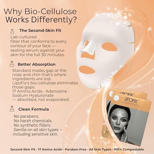LIPOFIX Bio-Cellulose Anti-Aging Face Mask – Hydrating & Lifting Sheet Mask with 17 Amino Acids, Collagen Boosting, Wrinkle Reducing Spa Treatment for All Skin Types – 5 Pack Avelisse