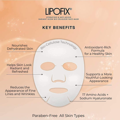 LIPOFIX Bio-Cellulose Anti-Aging Face Mask – Hydrating & Lifting Sheet Mask with 17 Amino Acids, Collagen Boosting, Wrinkle Reducing Spa Treatment for All Skin Types – 5 Pack Avelisse
