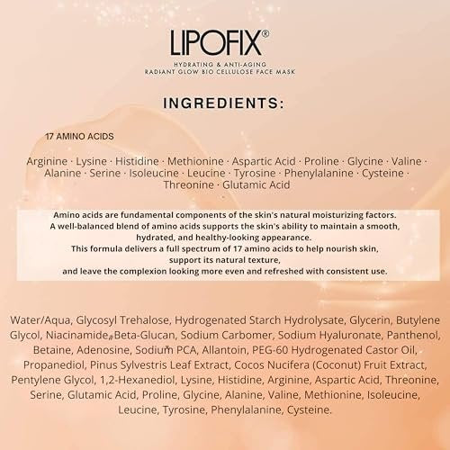 LIPOFIX Bio-Cellulose Anti-Aging Face Mask – Hydrating & Lifting Sheet Mask with 17 Amino Acids, Collagen Boosting, Wrinkle Reducing Spa Treatment for All Skin Types – 5 Pack Avelisse