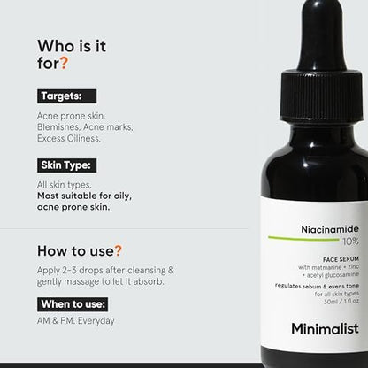 Minimalist Niacinamide 10% + 1% Zinc Face Serum | Reduces Pores, Acne Marks & Oil | Even Skin Tone | 30 ml
