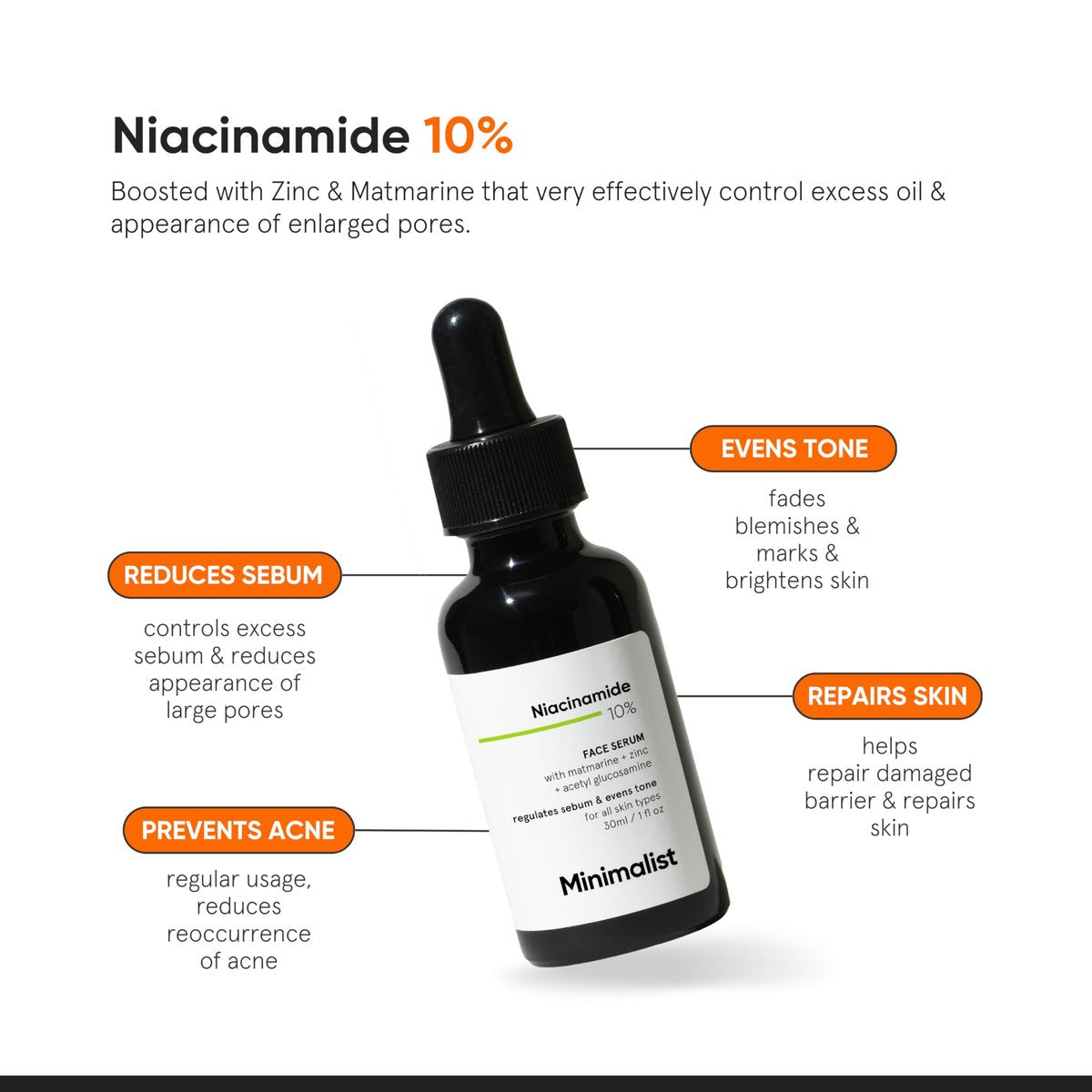 Minimalist Niacinamide 10% + 1% Zinc Face Serum | Reduces Pores, Acne Marks & Oil | Even Skin Tone | 30 ml - görsel 3