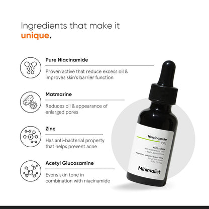 Minimalist Niacinamide 10% + 1% Zinc Face Serum | Reduces Pores, Acne Marks & Oil | Even Skin Tone | 30 ml