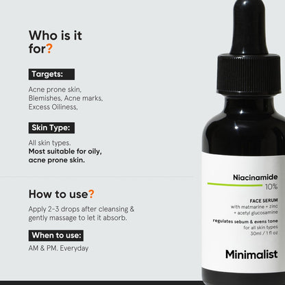Minimalist Niacinamide 10% + 1% Zinc Face Serum | Reduces Pores, Acne Marks & Oil | Even Skin Tone | 30 ml