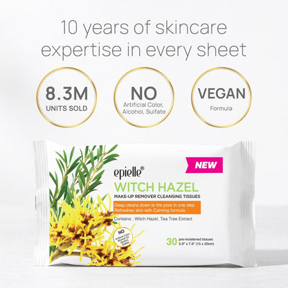 Epielle Witch Hazel Makeup Remover Wipes - Gentle Daily Facial Cleanser Towelettes, 180 Count (6 Packs of 30) Avelisse