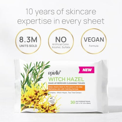 Epielle Witch Hazel Makeup Remover Wipes - Gentle Daily Facial Cleanser Towelettes, 180 Count (6 Packs of 30) Avelisse