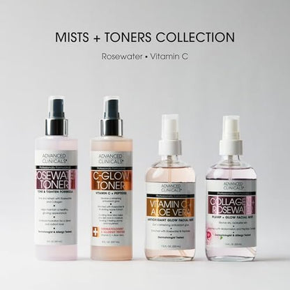 Advanced Clinicals Vitamin C Glow Facial Mist Toner - Antioxidant Face Mist with Rosewater, Ferulic Acid & Peptides for Instant Hydration, Non-Greasy, 8 Fl Oz