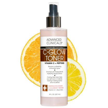 Advanced Clinicals Vitamin C Glow Facial Mist Toner - Antioxidant Face Mist with Rosewater, Ferulic Acid & Peptides for Instant Hydration, Non-Greasy, 8 Fl Oz