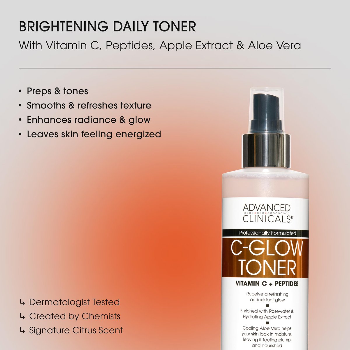 Advanced Clinicals Vitamin C Glow Facial Mist Toner - Antioxidant Face Mist with Rosewater, Ferulic Acid & Peptides for Instant Hydration, Non-Greasy, 8 Fl Oz - görsel 3