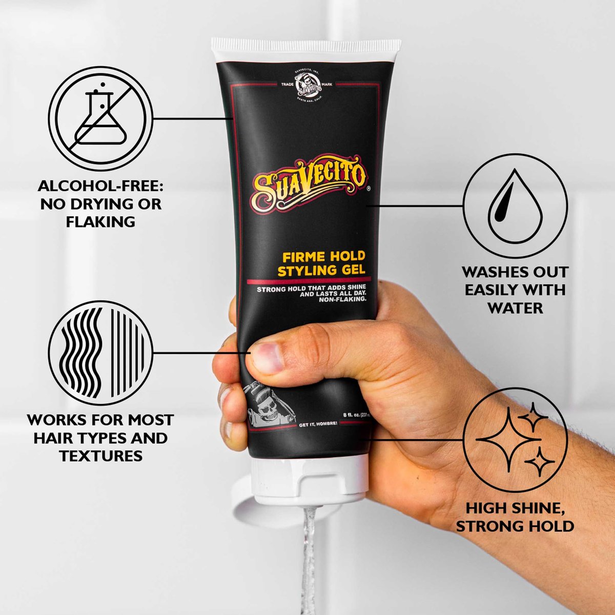 Suavecito Firme (Strong) Hold Styling Gel 8 oz - Original Scent, High Shine - Alcohol Free - Won't Dry or Flake, Lasts All Day, Works On All Hair Types And Textures Avelisse