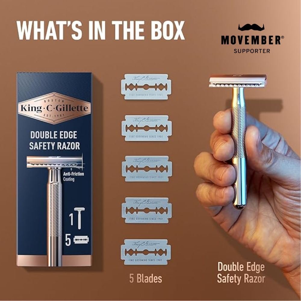 King C. Gillette Safety Razor - Chrome Plated Handle with 5 Platinum Coated Double Edge Blades Avelisse