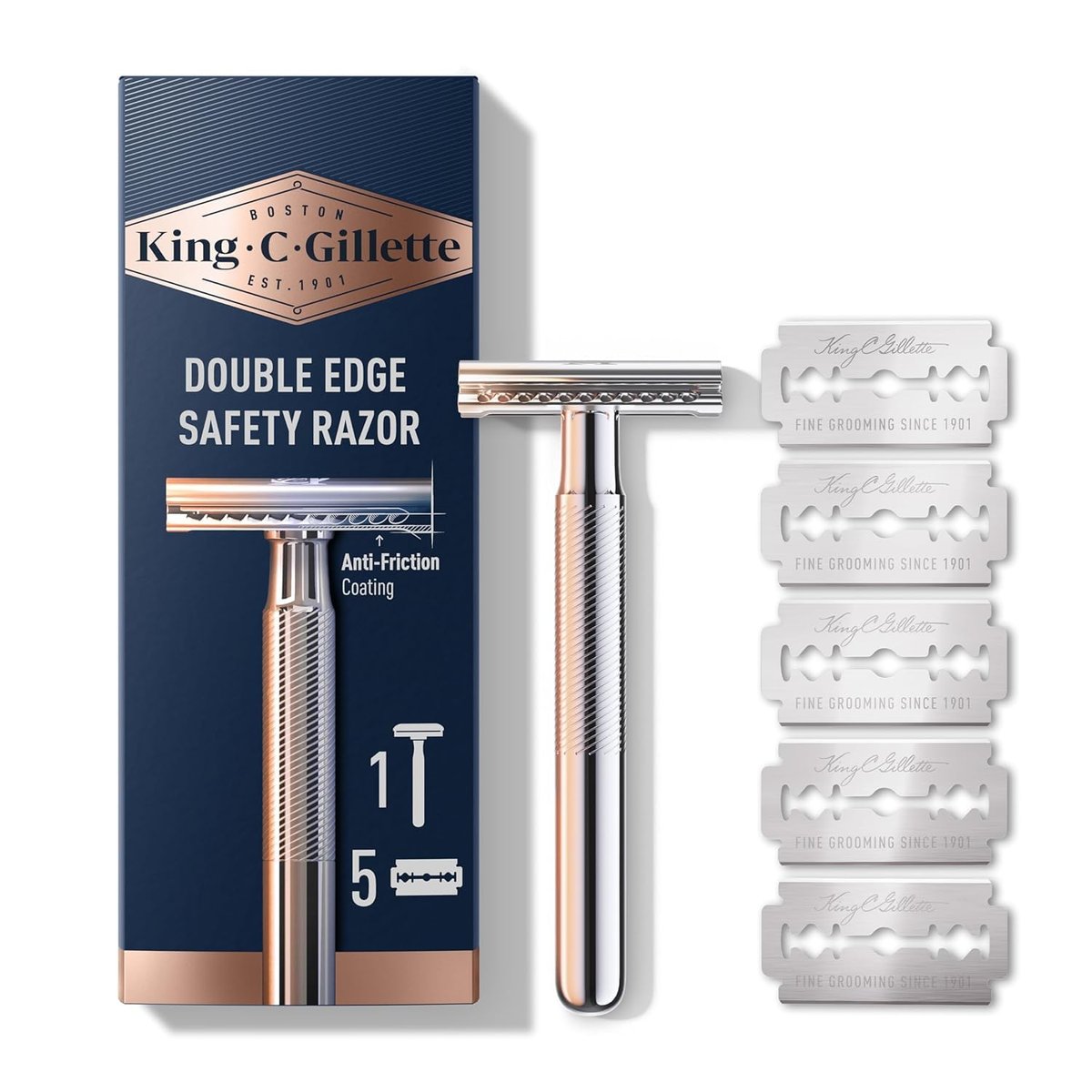 King C. Gillette Safety Razor - Chrome Plated Handle with 5 Platinum Coated Double Edge Blades Avelisse