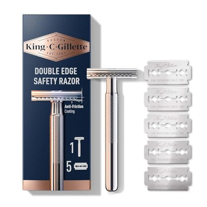King C. Gillette Safety Razor - Chrome Plated Handle with 5 Platinum Coated Double Edge Blades Avelisse