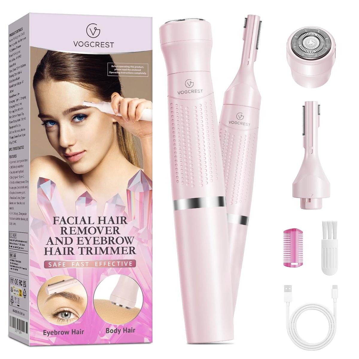 VG VOGCREST Women's Eyebrow Trimmer & Facial Hair Remover - 2 in 1 Double Rotating Blades, Painless, Hypoallergenic, Rechargeable Avelisse