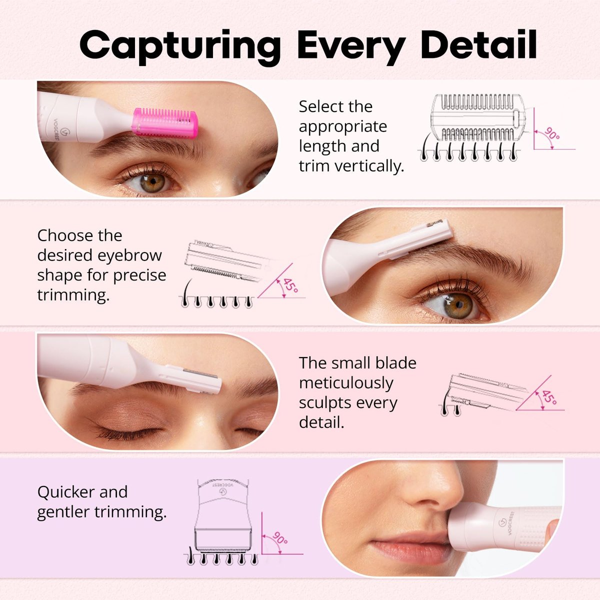 VG VOGCREST Women's Eyebrow Trimmer & Facial Hair Remover - 2 in 1 Double Rotating Blades, Painless, Hypoallergenic, Rechargeable Avelisse