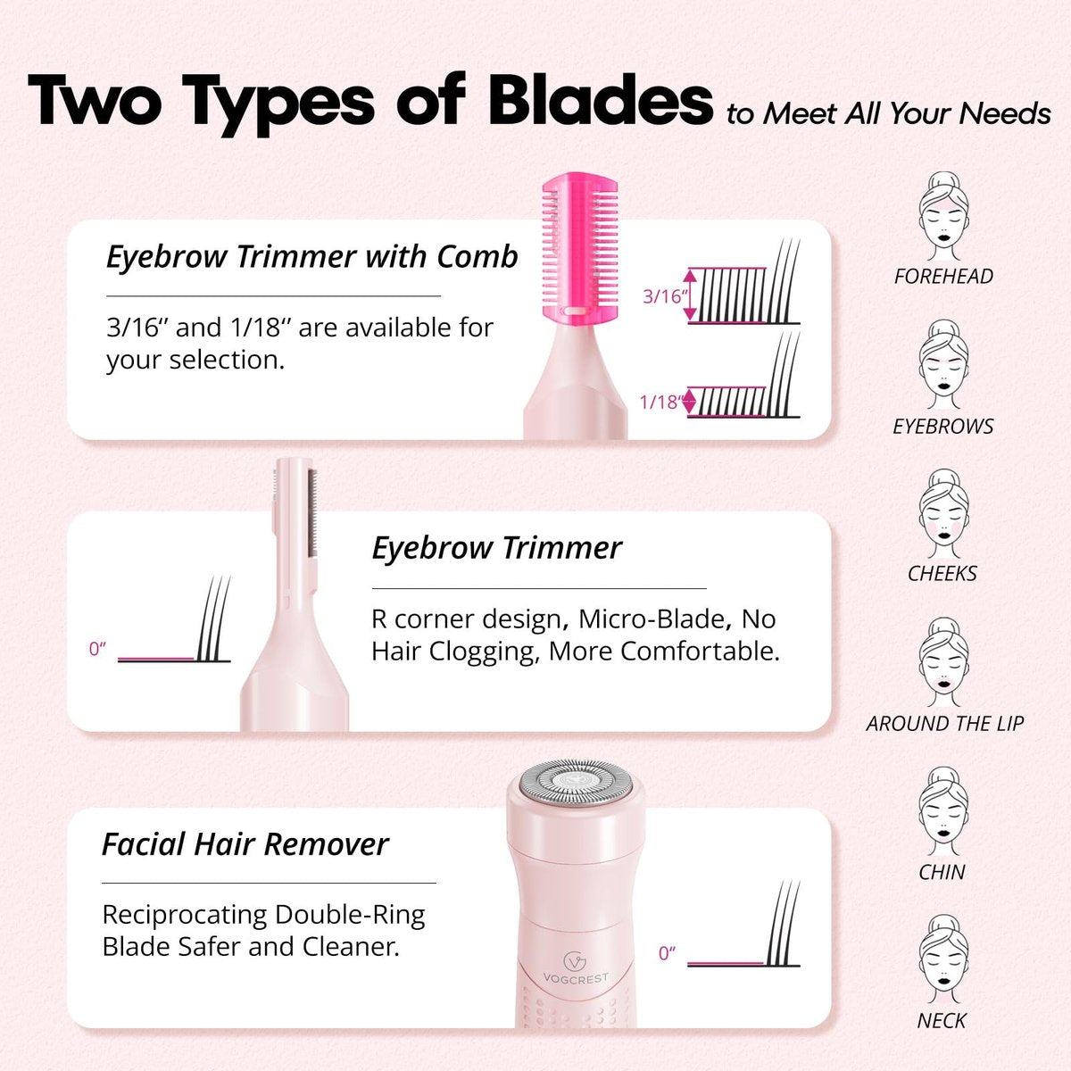 VG VOGCREST Women's Eyebrow Trimmer & Facial Hair Remover - 2 in 1 Double Rotating Blades, Painless, Hypoallergenic, Rechargeable Avelisse