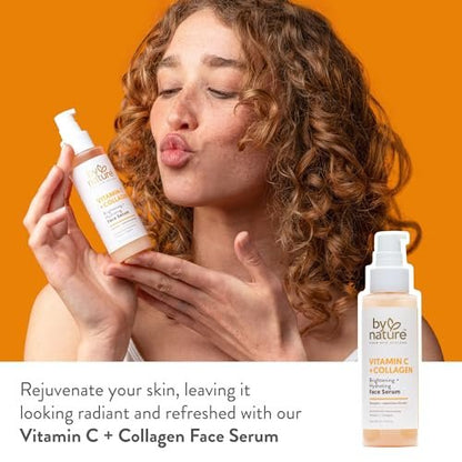 By Nature Vitamin C + Collagen Face Serum – Restore & Energize Tired Skin, Plumping Collagen, Turmeric, 3 fl oz