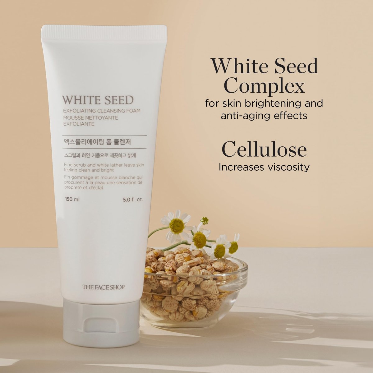 The Face Shop White Seed Exfoliating Cleansing Foam – Brightening Face Wash for Deep Clean & Dead Skin Removal, 5.07 Fl Oz Avelisse