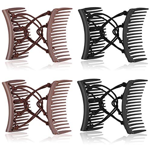 4 Pieces Adjustable Elastic No Crease Double Comb Hair Pins for Women's Curly Thick Wavy Hair Ponytail - Black, Coffee - görsel 1