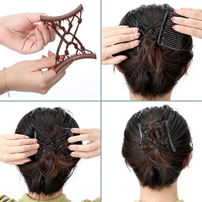 4 Pieces Adjustable Elastic No Crease Double Comb Hair Pins for Women's Curly Thick Wavy Hair Ponytail - Black, Coffee