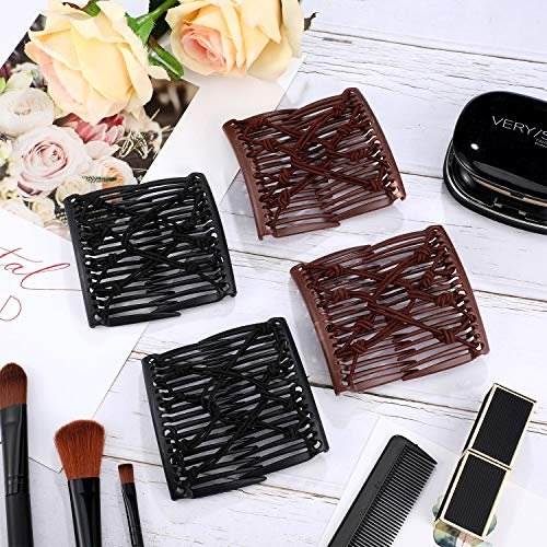 4 Pieces Adjustable Elastic No Crease Double Comb Hair Pins for Women's Curly Thick Wavy Hair Ponytail - Black, Coffee - görsel 13