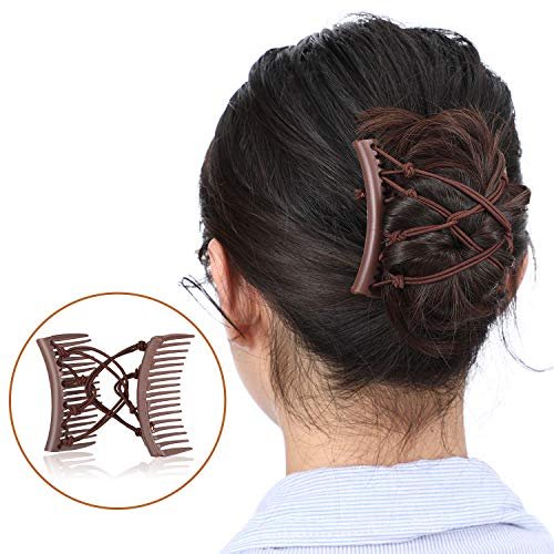 4 Pieces Adjustable Elastic No Crease Double Comb Hair Pins for Women's Curly Thick Wavy Hair Ponytail - Black, Coffee - görsel 9