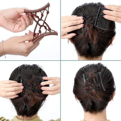4 Pieces Adjustable Elastic No Crease Double Comb Hair Pins for Women's Curly Thick Wavy Hair Ponytail - Black, Coffee