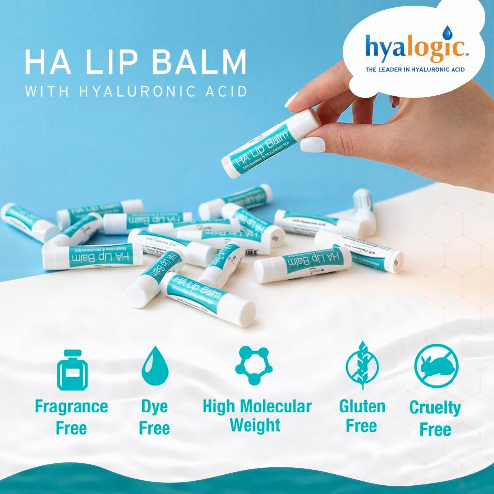 Hyalogic HA Lip Balm - Hyaluronic Acid & Organic Coconut Oil - Soothes Dry, Chapped Lips - Plumping, Moisturizing, Nourishing - Unflavored, Fragrance & Dye Free - 4.25g (4 Sticks) Avelisse