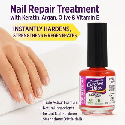 Triple Action Nail Hardener & Growth Treatment with Keratin, Argan Oil & Vitamin E – Strengthens, Repairs & Regenerates Damaged Nails (0.61 oz)
