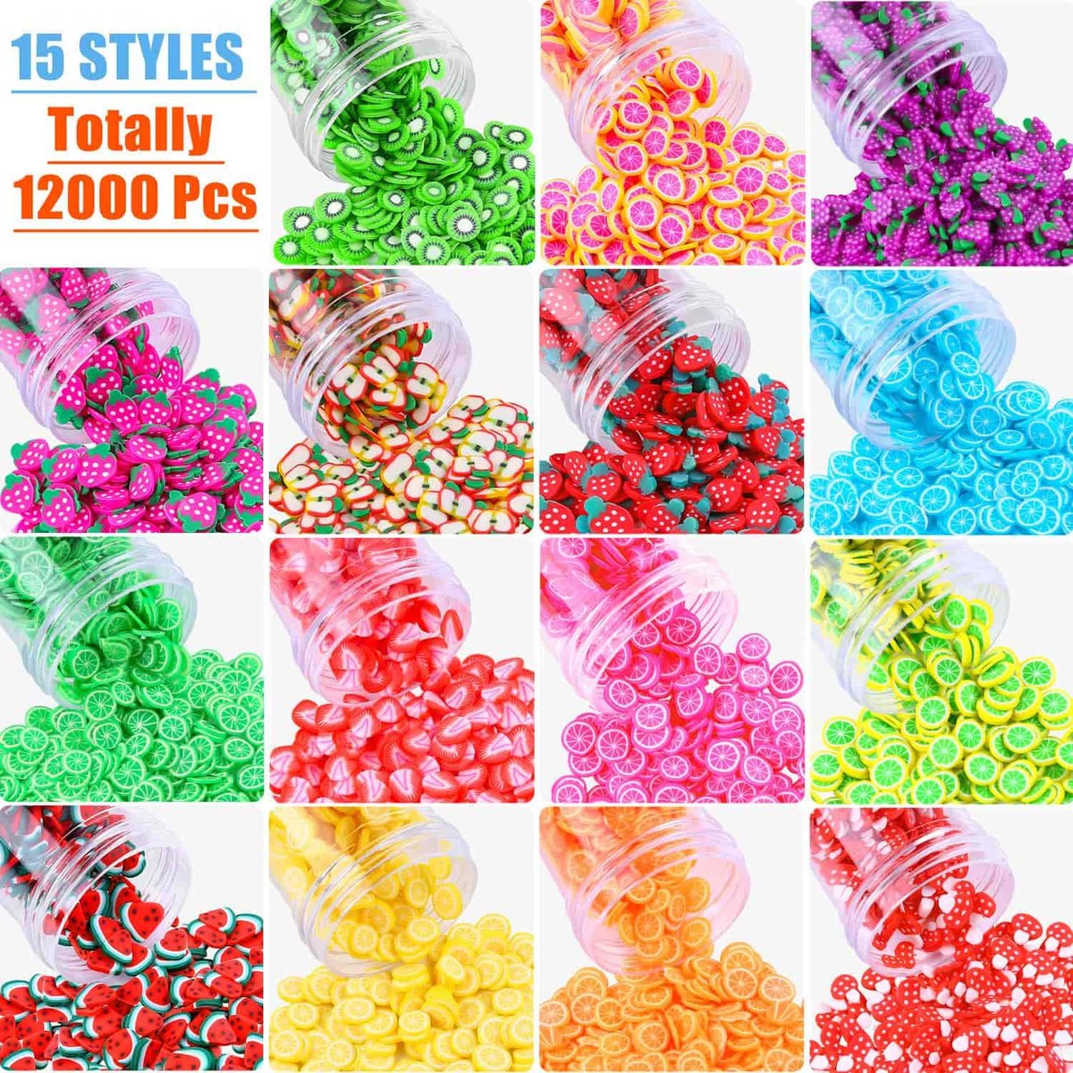 Acejoz 12000 Pcs 15 Styles Assorted Fimo Slices for DIY Slime, Nail Art, Lip Gloss & Cellphone Decorations - görsel 3