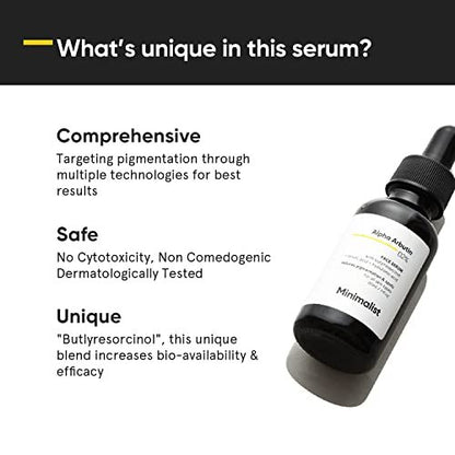 Minimalist Dark Spots Removal Serum with 2% Alpha Arbutin for Hyperpigmentation | Reduces Blemishes, Acne Marks & Tanning with Hyaluronic Acid & Butylresorcinol | For Women & Men | 1 FL OZ/30 ml