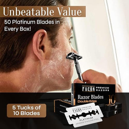 Facón 50 Double Edge Razor Blades - Premium Platinum Japanese Stainless Steel for Safety Razors, Smooth & Precise Shave for Men & Women