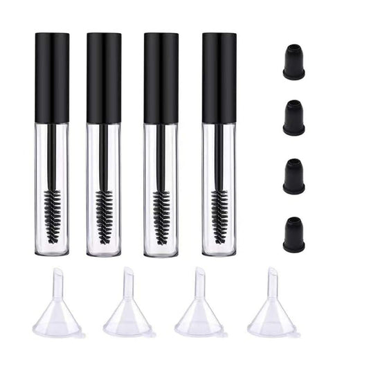 4 Pack Empty Mascara Tube with Eyelash Wand - 10ml Premium Eyelash Cream Container Bottle with Mini Funnels and Leak Stoppers, Black