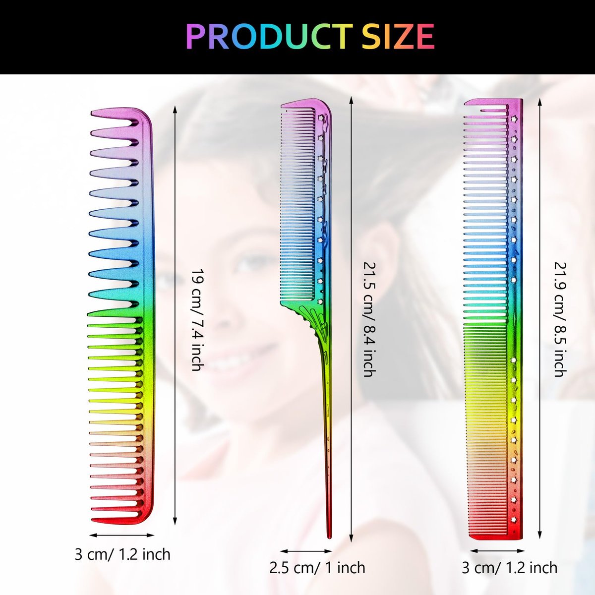 Patelai 3-Piece Rainbow Fine Tooth Comb Set - Rat Tail Styling Salon Hair Combs for Teasing, Anti-Static & Heat Resistant - görsel 9