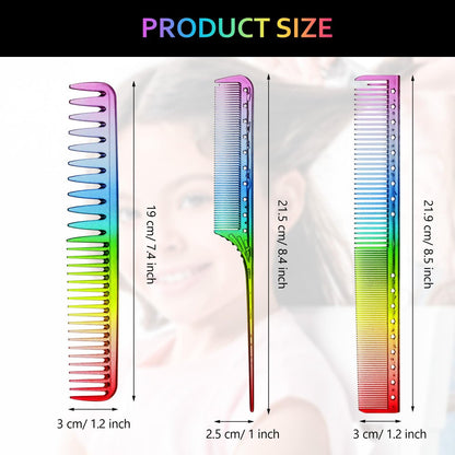 Patelai 3-Piece Rainbow Fine Tooth Comb Set - Rat Tail Styling Salon Hair Combs for Teasing, Anti-Static & Heat Resistant