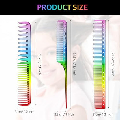 Patelai 3-Piece Rainbow Fine Tooth Comb Set - Rat Tail Styling Salon Hair Combs for Teasing, Anti-Static & Heat Resistant