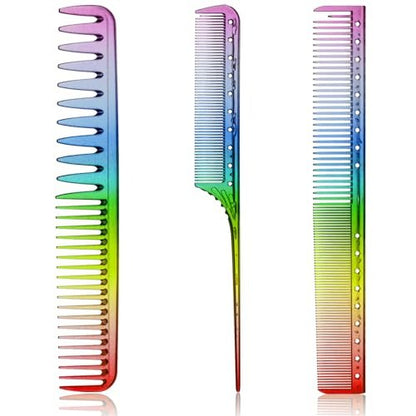 Patelai 3-Piece Rainbow Fine Tooth Comb Set - Rat Tail Styling Salon Hair Combs for Teasing, Anti-Static & Heat Resistant