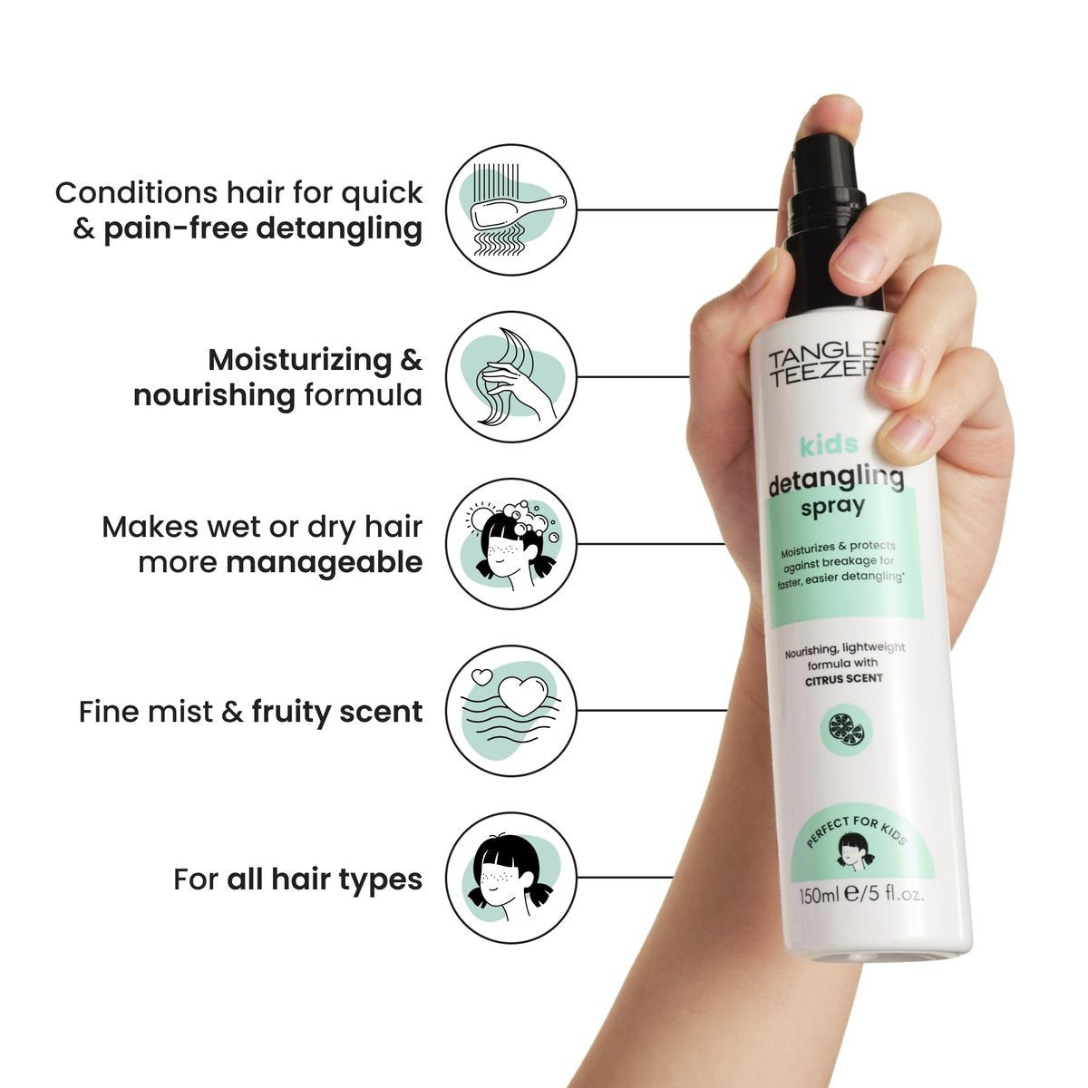 TANGLE TEEZER Hair Detangler Spray for Kids - Vegan & Sulfate-Free, Fresh Fruity Scent, 5 Fl Oz - görsel 4