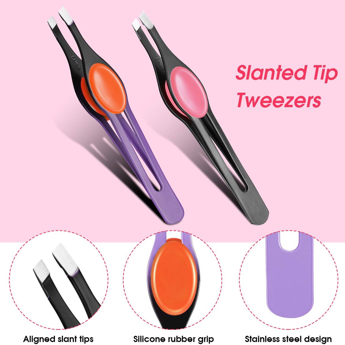 Chumia 5-Piece Non-Slip Grip Tweezers Set – Slanted Tip Stainless Steel Tweezer with Colorful Rubber Grip for Ingrown Hair, Eyebrow Shaping, Splinter & Blackhead Removal - görsel 5