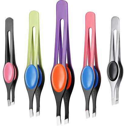 Chumia 5-Piece Non-Slip Grip Tweezers Set – Slanted Tip Stainless Steel Tweezer with Colorful Rubber Grip for Ingrown Hair, Eyebrow Shaping, Splinter & Blackhead Removal