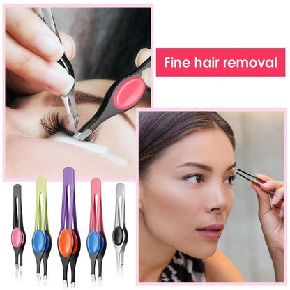 Chumia 5-Piece Non-Slip Grip Tweezers Set – Slanted Tip Stainless Steel Tweezer with Colorful Rubber Grip for Ingrown Hair, Eyebrow Shaping, Splinter & Blackhead Removal